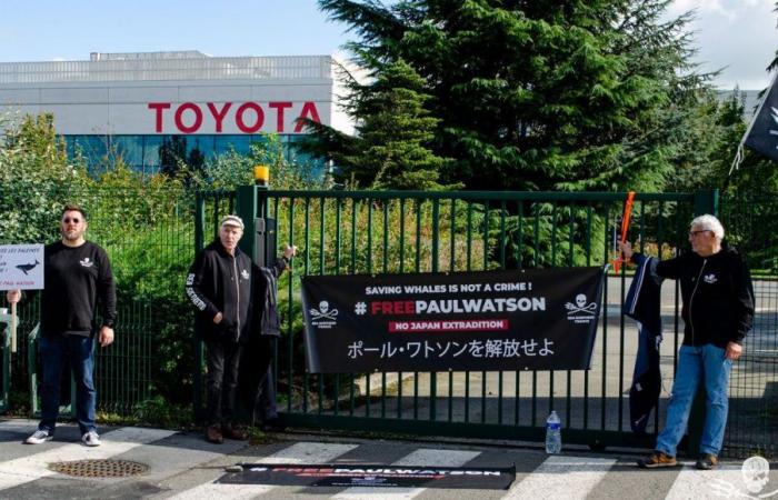 Les membres de Sea Shepherd se mobilisent devant l’usine Toyota à Onnaing, en soutien au militant écologiste Paul Watson