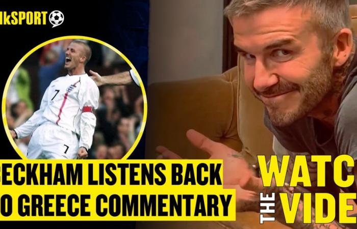 David Beckham, ému, réécoute le commentaire de son célèbre but sur coup franc pour l’Angleterre contre la Grèce en 2001.