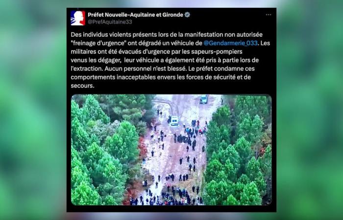 un véhicule de gendarmerie endommagé lors d’une manifestation non autorisée en Gironde