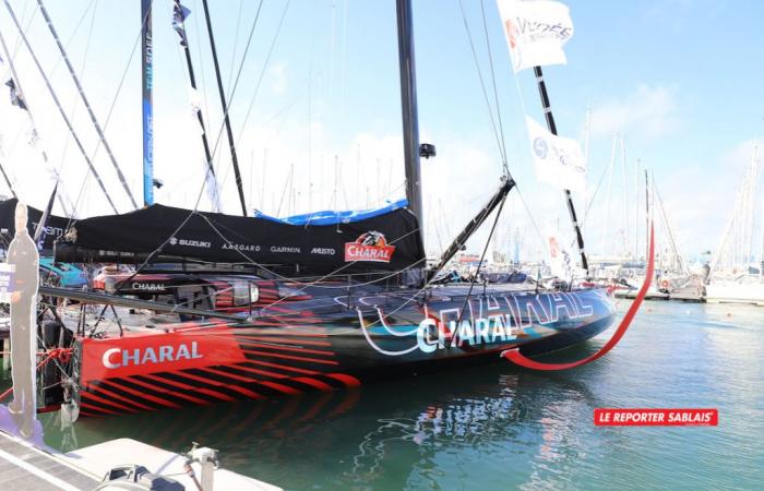 Les Sables-d’Olonne Vendée Globe. Skippers Jérémie Beyou and Guirec Soudée and their imocas at the pontoon