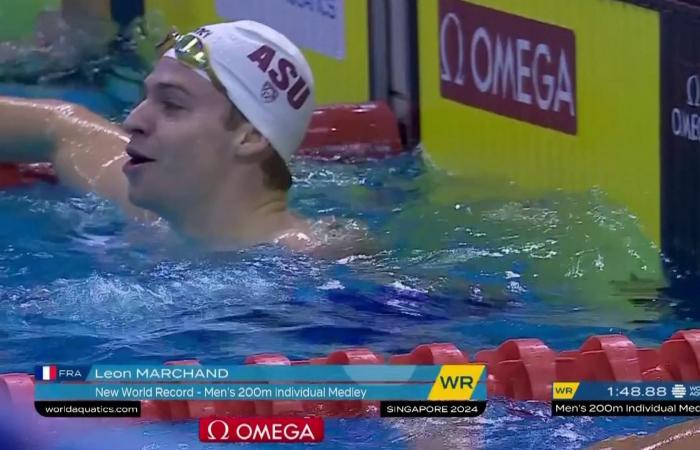 Léon Marchand bat le record du monde du 200 m quatre nages en petit bassin