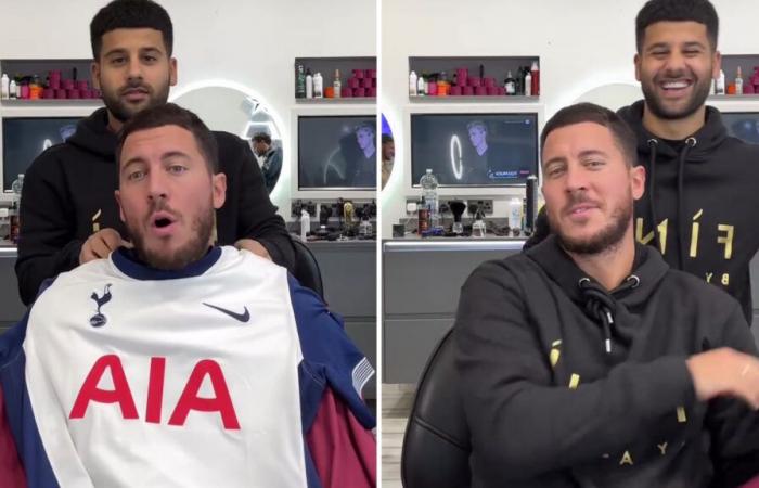 Les fans de Chelsea ADORENT la réaction d’Eden Hazard alors que la légende des Blues se fait blaguer par un barbier avec le maillot de Tottenham