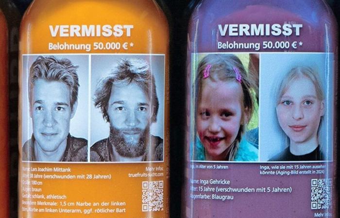 Photos des personnes disparues imprimées sur des bouteilles de jus