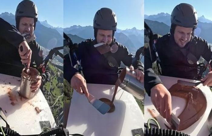 Le chef tempère le chocolat dans les airs tout en survolant la campagne suisse en parapente. Internet est en admiration