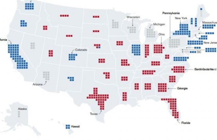 la carte des premiers résultats de l’élection américaine entre Harris et Trump