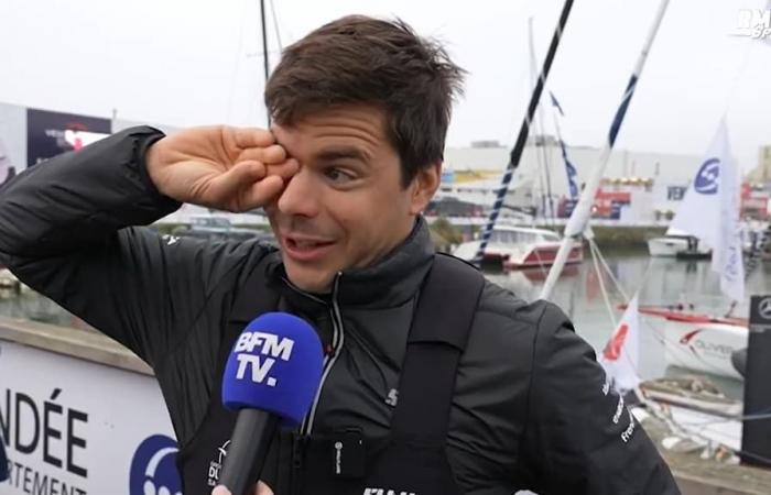 les larmes du skipper Sébastien Simon avant le départ, parlant de la séparation d’avec son chien