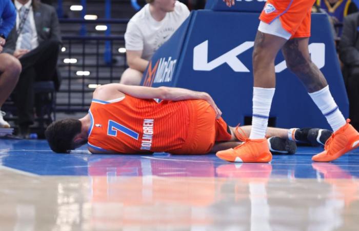 Le centre du Thunder exclu du match après avoir atterri sur la hanche lors d’une chute effrayante contre les Warriors