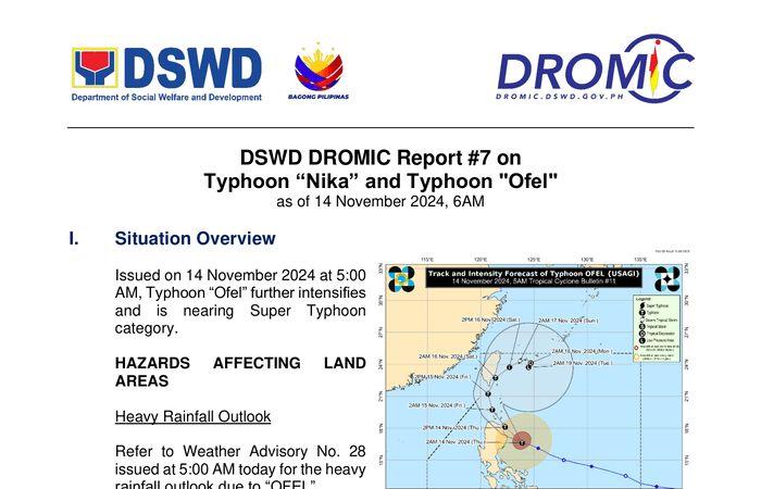 Rapport DSWD DROMIC n°7 sur le typhon « Nika » et le typhon « Ofel » au 14 novembre 2024, 6h du matin – Philippines