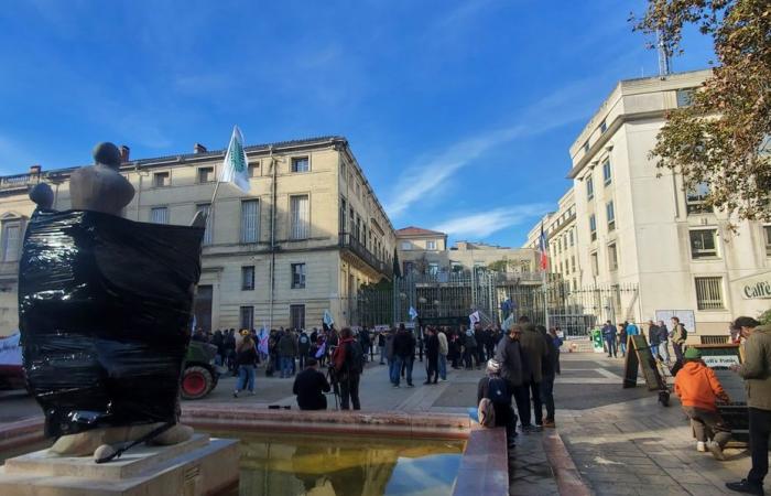 une centaine de manifestants à Montpellier, les pancartes de la ville étaient accrochées aux portes de la préfecture