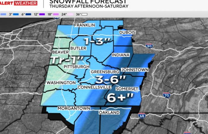 Plusieurs centimètres de neige prévus pour certaines parties du sud-ouest de la Pennsylvanie et du nord de la Virginie-Occidentale