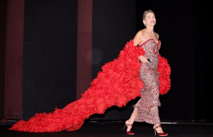 Sharon Stone s’est drapée de 3 000 fleurs rouges pour recevoir un prix à Turin