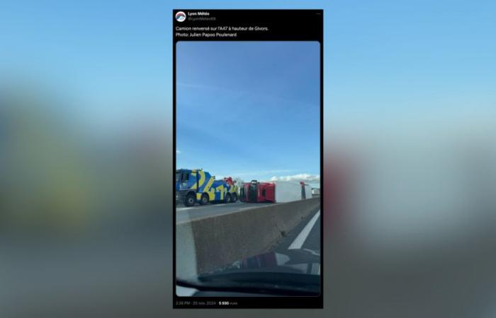 Images impressionnantes d’un camion allongé sur l’A47 après de fortes rafales de vent près de Lyon