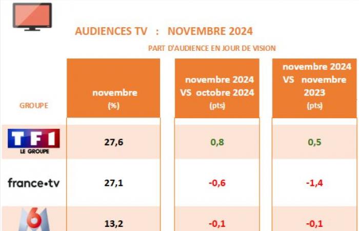 TF1 poursuit sa montée et France 2 ralentit légèrement sa chute