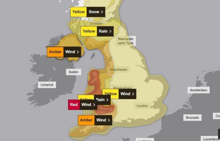 Avertissement météo rouge émis alors que la tempête Darragh s’apprête à apporter des vents de 90 mph