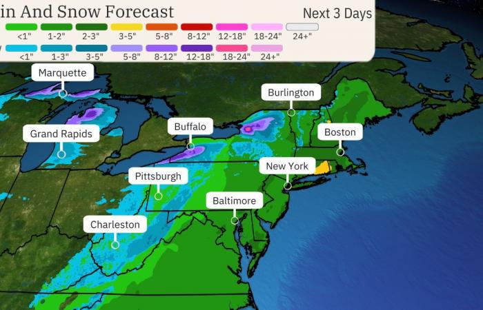 La tempête à l’Est apporte de fortes pluies, du vent et de la neige effet lac