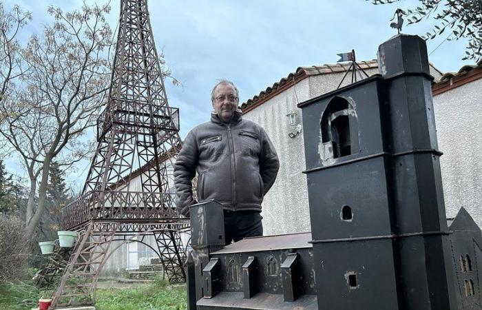 Une maquette de la Tour Eiffel et de l’église St-Félix dans son jardin