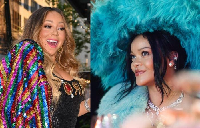 Mariah Carey signe un autographe sur la poitrine de Rihanna lors du concert de Noël