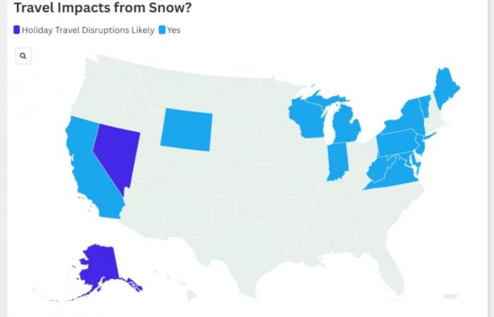 Une carte montre que la neige rendra les voyages de Noël difficiles dans 15 États