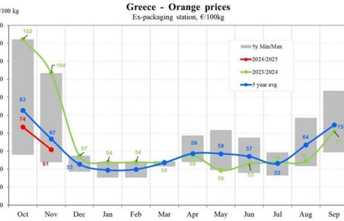 Les prix des oranges fluctuent, avec une baisse de 41 % en Grèce et une hausse de 9 % en Italie en novembre 2024.