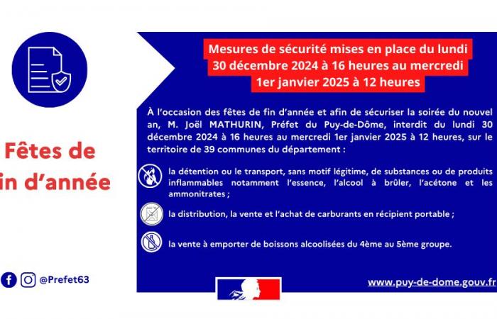 Mesures de sécurité en vigueur du lundi 30 décembre 2024 à 16h au mercredi 1er janvier 2025 à 12h – Sécurité publique et ordre public – Sécurité et protection des populations – Actions de l’État