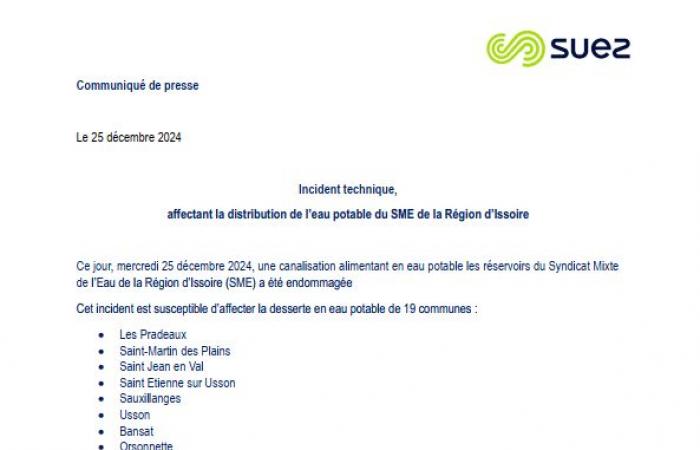 Incident technique affectant la distribution d’eau potable de la PME de la Région d’Issoire – Sécurité civile – Sécurité et protection des populations – Actions de l’État