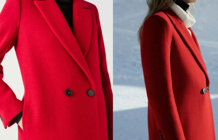 Recréez un look royal avec ce superbe manteau Caroll rouge à bon prix