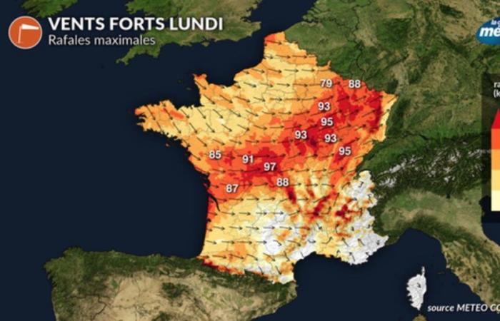 Coup de vent et vents forts lundi à 100 km/h en France