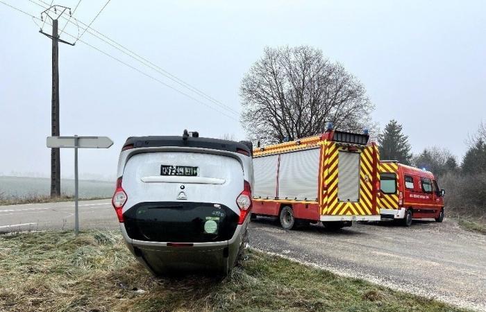 la voiture sur le toit après avoir glissé sur la glace