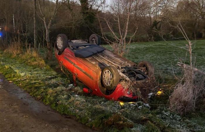 la conductrice glisse sur la glace, sa voiture finit sur le toit