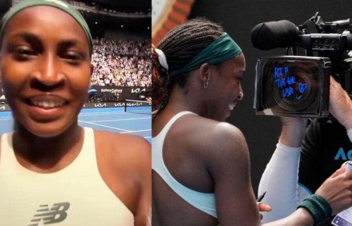 La star du tennis Coco Gauff écrit « RIP TikTok USA » sur l’objectif d’une caméra de télévision après que l’interdiction fédérale ait suspendu les services d’application