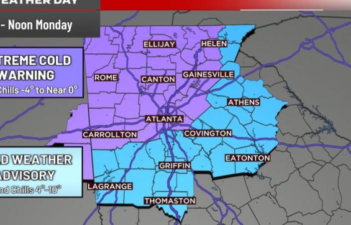 Premier avertissement de froid extrême émis pour la région métropolitaine d’Atlanta, Géorgie du Nord