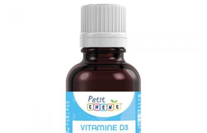 Petite bouteille de vitamine D3 en chêne