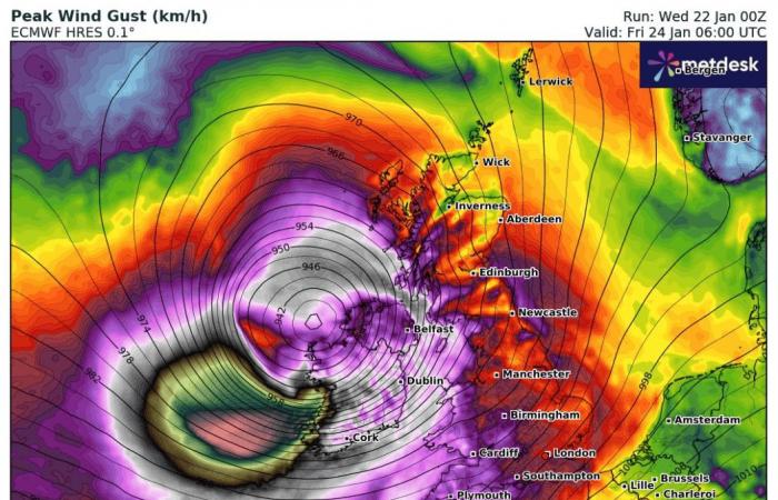 des rafales allant jusqu’à 180 km/h en Angleterre et en Irlande