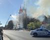 The Notre-Dame-des-Sept-Allégresses church is engulfed in flames