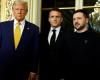 poignée de main entre Donald Trump et Volodymyr Zelensky dans la cour de l’Elysée, autour d’Emmanuel Macron